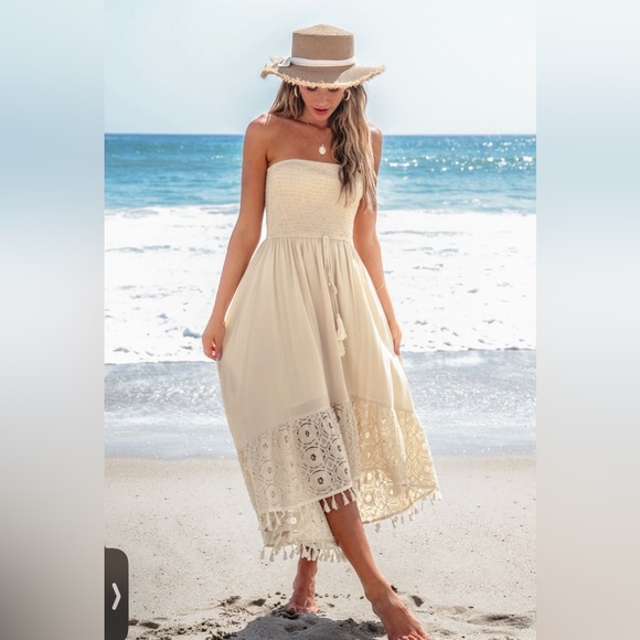 Cupshe Cream Strapless Boho Lace-Hem Midi Dress - Picture 3 of 7